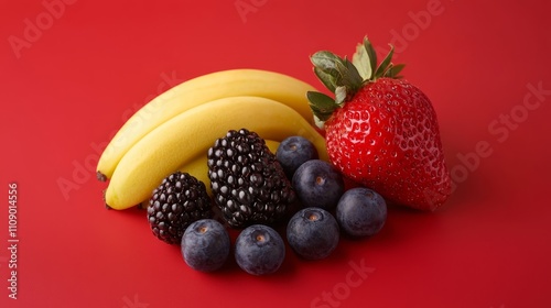  a bunch of bananas, strawberries, and blueberries on a vibrant red background The bananas are a bright yellow color, the strawberries are a deep red, and the blueb photo