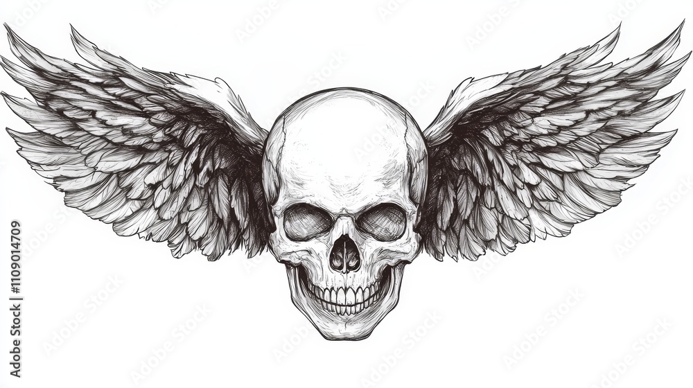 Fototapeta premium a black and white drawing of a skull with angel wings The wings are spread out behind the skull, giving it a majestic and powerful look