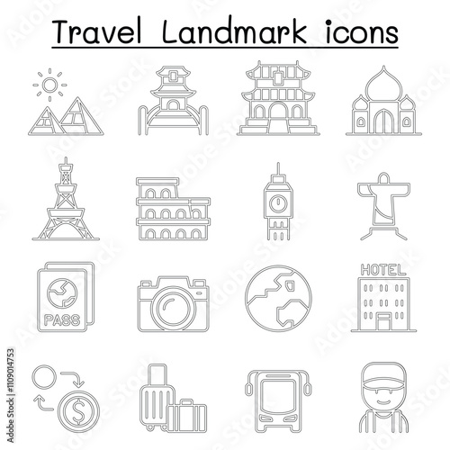 Travel landmark icon set in thin line style
