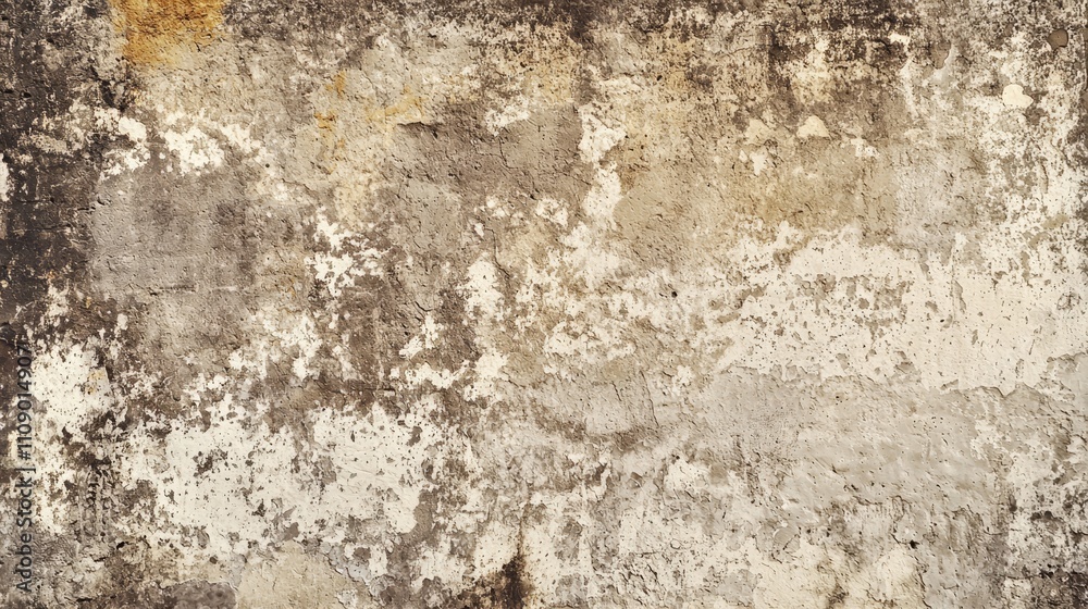Fototapeta premium an old, grungy wall with peeling paint in shades of white, black, and yellow The paint is chipped and faded, giving the wall a worn and aged look