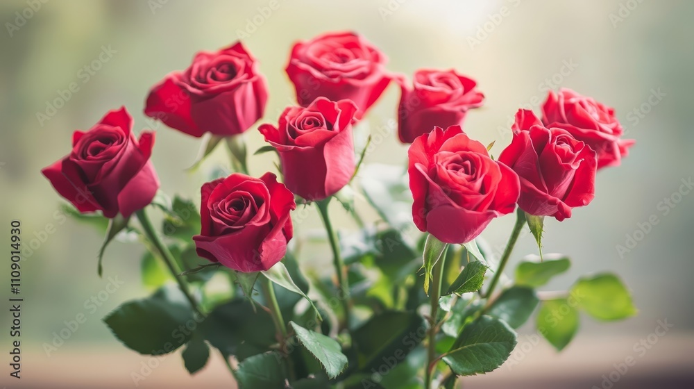 a vase filled with a bunch of red roses sitting on top of a table, with a blurred background a vase filled with a bunch of red roses sitting on top of a table, with a blurred background