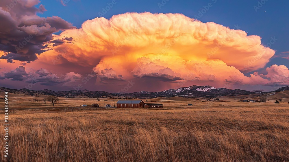Fototapeta premium a barn in the middle of a field with mountains in the background The sky is filled with clouds and the sun is setting, casting a warm orange glow over the landscap