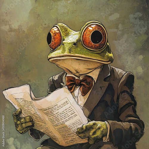 A frog character in a suit, reading a newspaper with a formal expression.