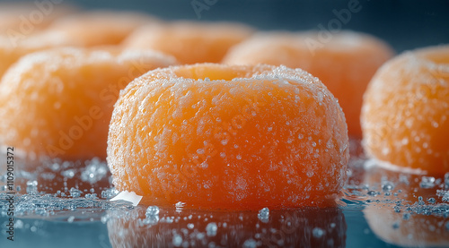 Small, orange, round candies, glistening with a sugary coating, are on a dark surface photo