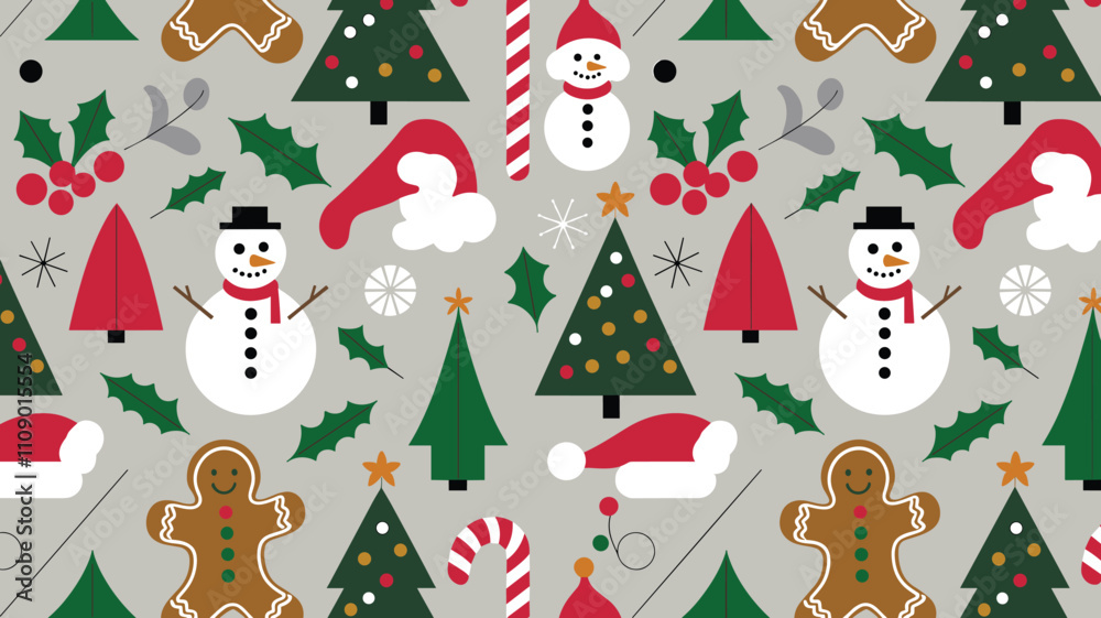 Fototapeta premium Festive Christmas Patterns with Seasonal Elements and Holiday Decorations 