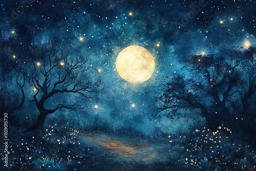 A moonlit forest path illuminated by a glowing full moon, surrounded by sparkling stars.