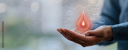 A hand holds a digital representation of a water droplet, symbolizing the importance of water conservation and technology's role in managing resources.