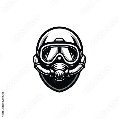 Create a bold, black line art illustration of a scuba diving mask, suitable for editorial use.  Emphasis on clean lines and strong contrast.