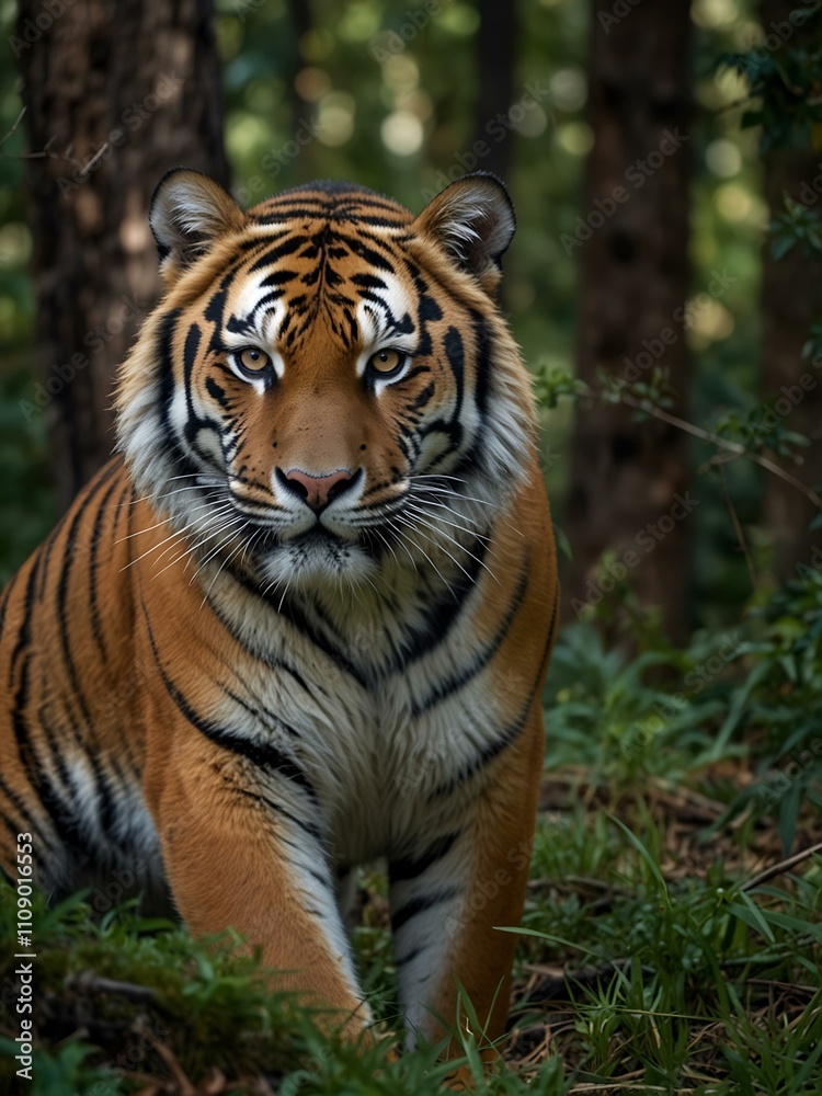 Naklejka premium Tiger in a tense natural forest setting.