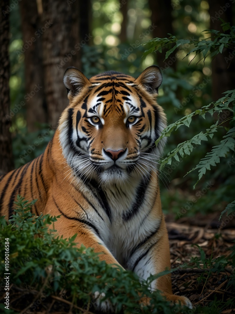 Obraz premium Tiger in a tense, natural forest setting.