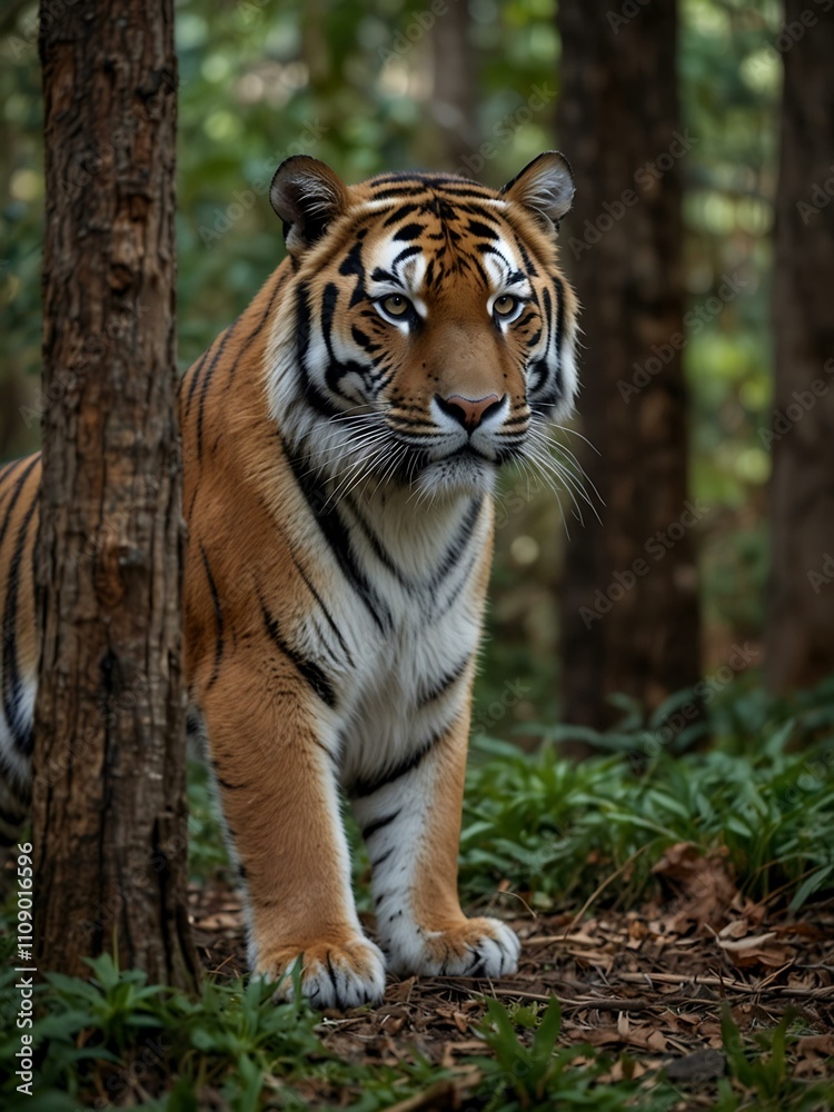 Obraz premium Tiger in a tense, natural forest setting.