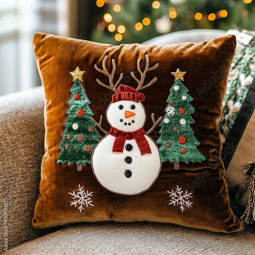  Christmas pillow with snowman and reindeer embroidery.