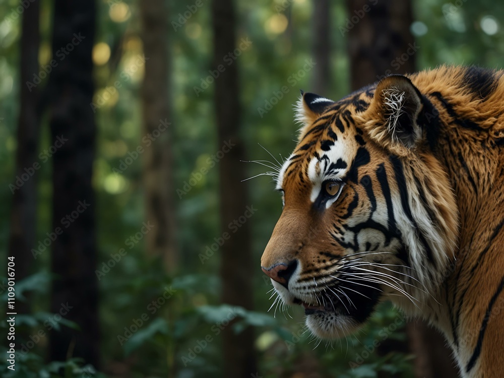 Obraz premium Tiger in tense, wild forest.