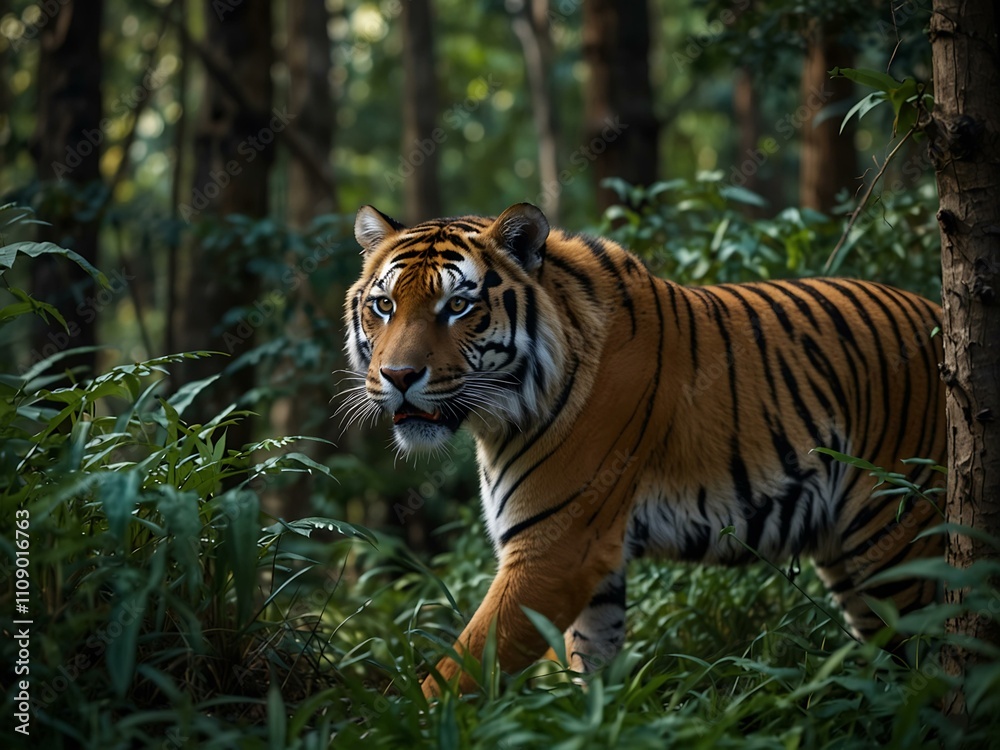 Obraz premium Tiger lurking in dense, wild forest.