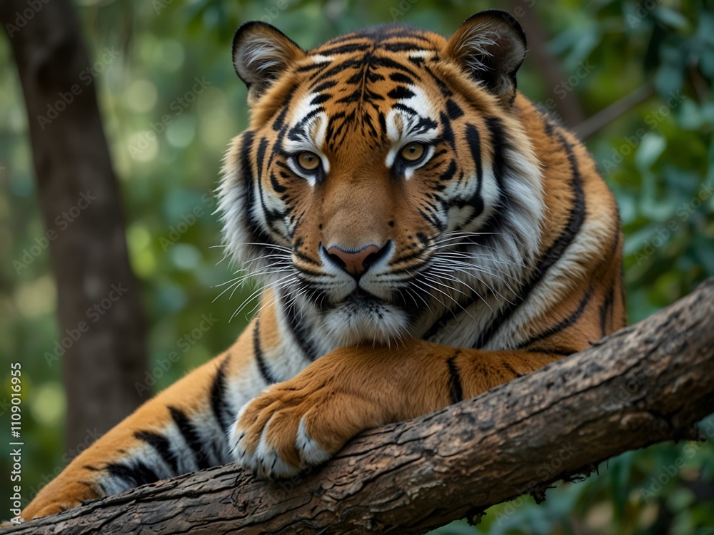 Obraz premium Tiger resting on a tree branch, taking in the view.