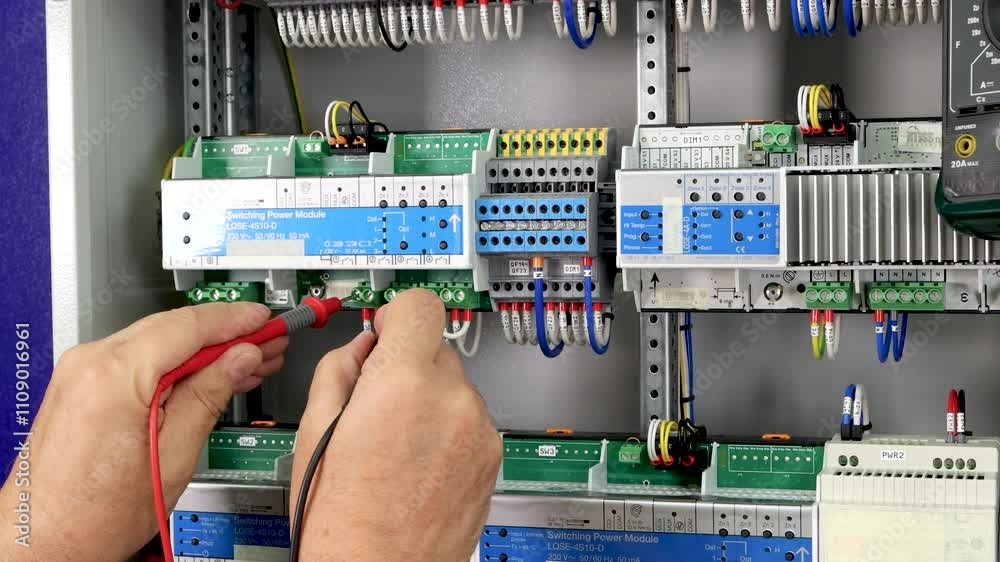 Measurement of electrical parameters in a switchboard using a multimeter.