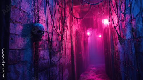 Dark mysterious corridor with skulls, wires, and purple lighting, perfect for horror or Halloween themes photo