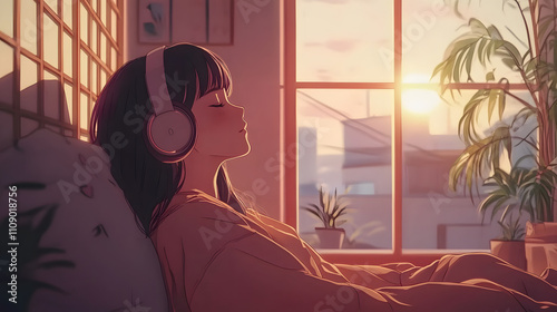 Serene Sunset Relaxation Young Woman Listening to Music.
