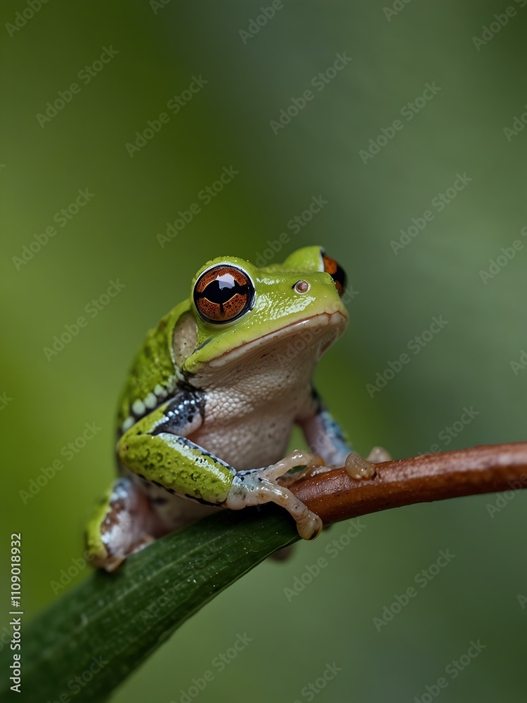 Naklejka premium Tiny frog perched on a green leaf.