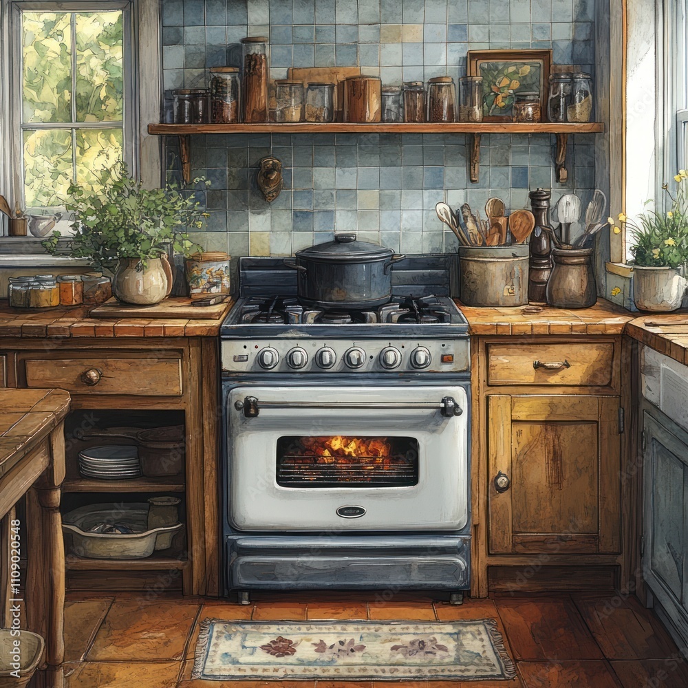 A cozy kitchen with a stove, wooden cabinets, and plants, evoking warmth and home cooking. A cozy kitchen with a stove, wooden cabinets, and plants, evoking warmth and home cooking.
