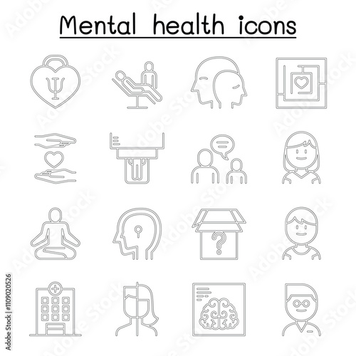 Mental health & psychology icon set in thin line style