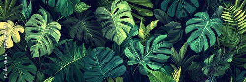 Lush Green Tropical Jungle, Abstract Pattern of Exotic Plants and Palm Leaves, Nature Background