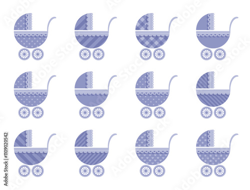 Cute stylized baby strollers vector set.