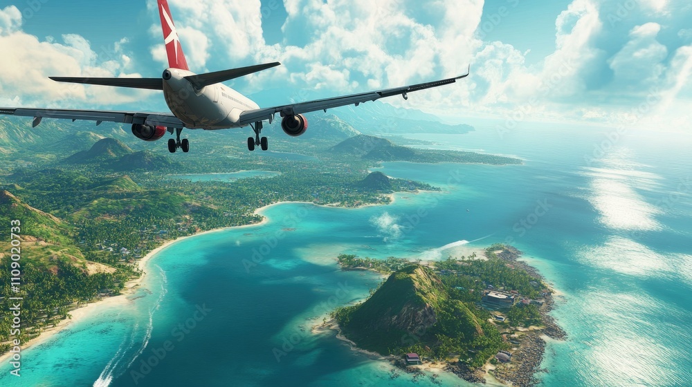 Naklejka premium A commercial airplane flying high over a vibrant tropical island with turquoise seas, surrounded by clear skies and exotic palm trees