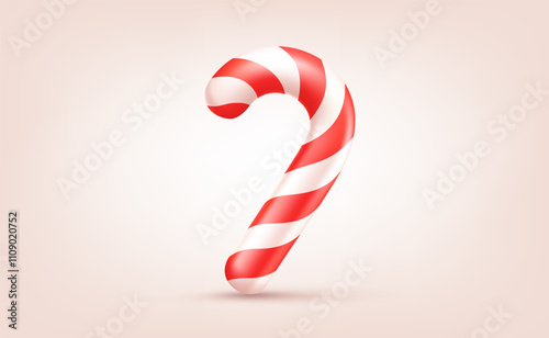 Vector illustration of cartoon christmas red and white striped candy cane on light background. 3d realistic style design of  candy cane for Merry Christmas and Happy New Year banner