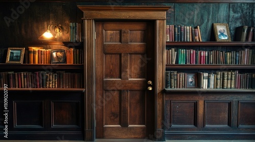 A concealed bookshelf behind a wooden door, creating an atmosphere of mystery and discovery. Ideal for secret hideout or book lover themes.