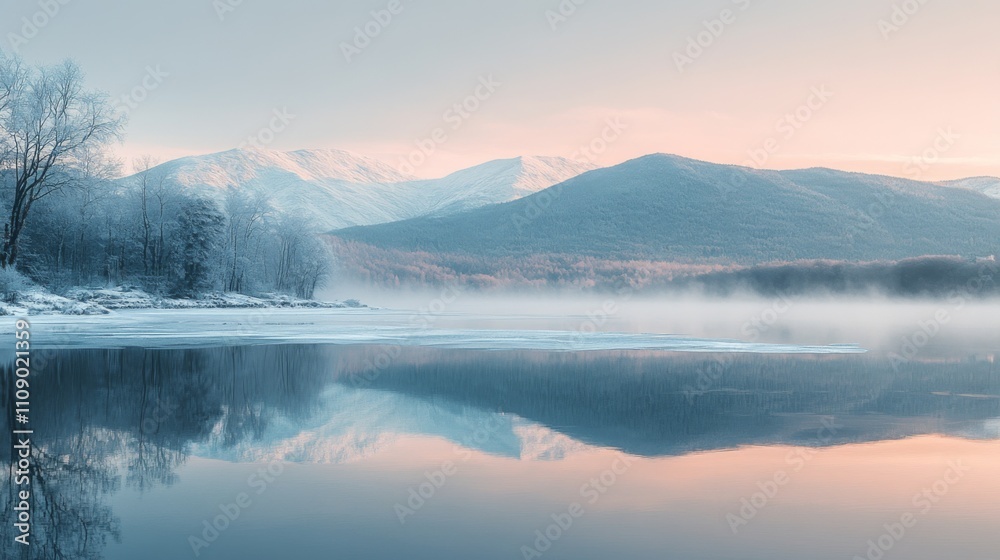 Obraz premium Misty Morning over a Frozen Lake with Snow-Covered Mountains