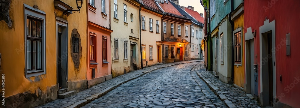 Fototapeta premium A quiet, winding street in a historic European town, with cobblestone paths and colorful buildings lining both sides, bathed in soft evening light