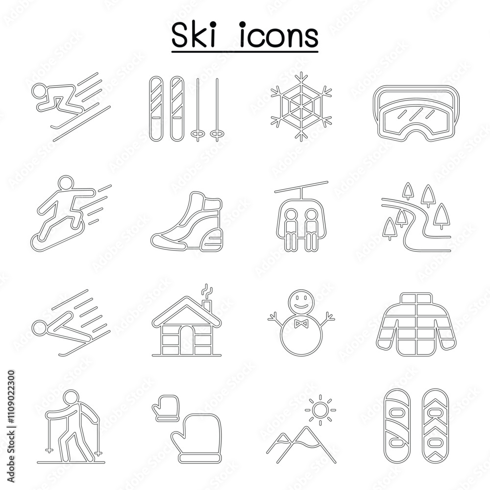Fototapeta premium Ski icons set in thin line style