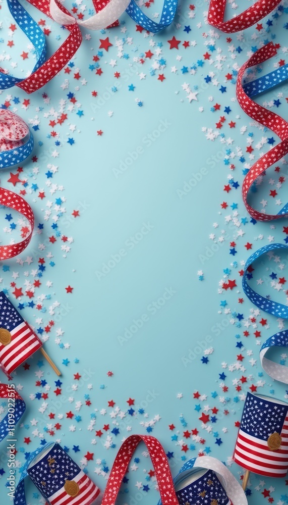 Obraz premium This vibrant image showcases a playful arrangement of red, white, and blue ribbons intertwined with sparkling stars and festive confetti against a soft blue background. The scene radiates a joyful