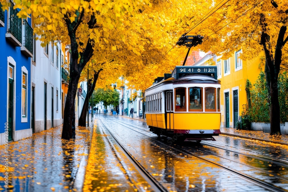 Obraz premium A vintage tram moves through the streets of a historic city surrounded by charming old buildings. Generative AI