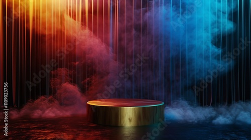 A circular wooden platform surrounded by vibrant smoke and colorful lights in orange, blue, and purple hues.