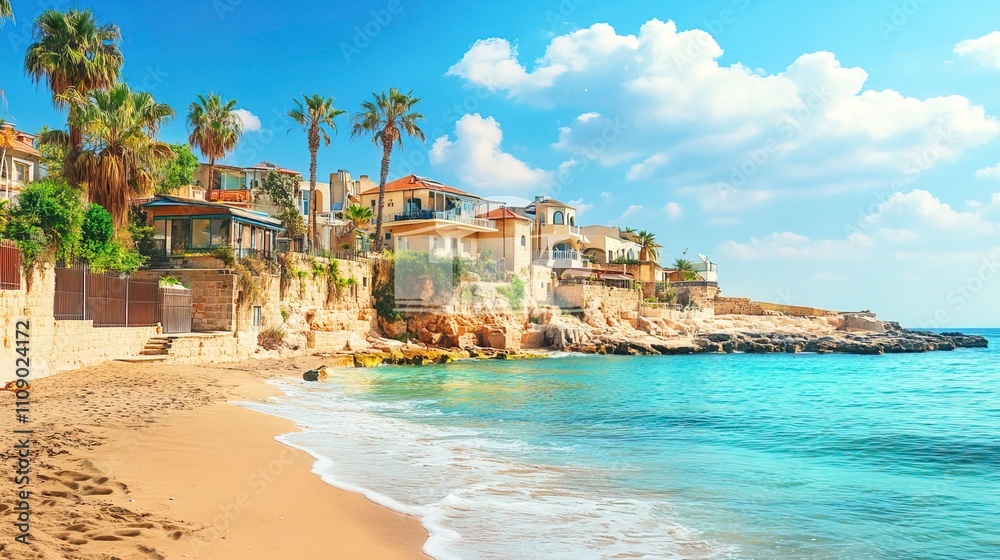 Obraz premium Scenic coastal view of israel beach houses under blue sky for travel and relaxation concept 