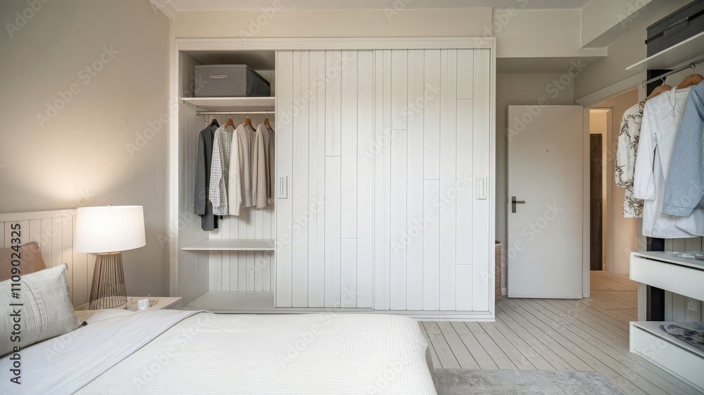 Obraz premium Modern Minimalist Bedroom with Built-in Wardrobe and Soft Lighting. A serene modern bedroom featuring a built-in wardrobe, soft textures, and warm lighting, ideal for cozy living or stylish...