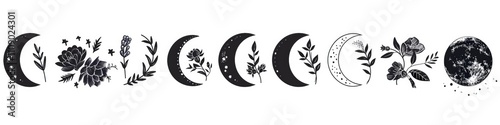 boho moon phases vector icons, simple svg cut out shapes on white background, floral design elements, clip art set, black and white photo