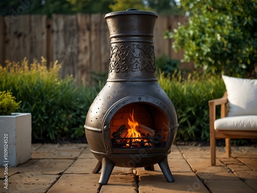 Traditional chimenea (outdoor heater) with a rustic design. photo