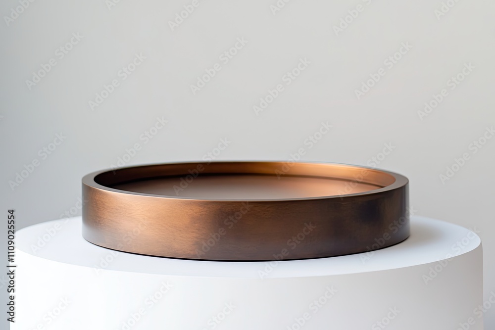The matte bronze podium is empty, creating a warm contrast on white. The matte bronze podium is empty, creating a warm contrast on white.