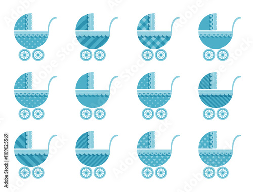Cute stylized baby strollers vector set.