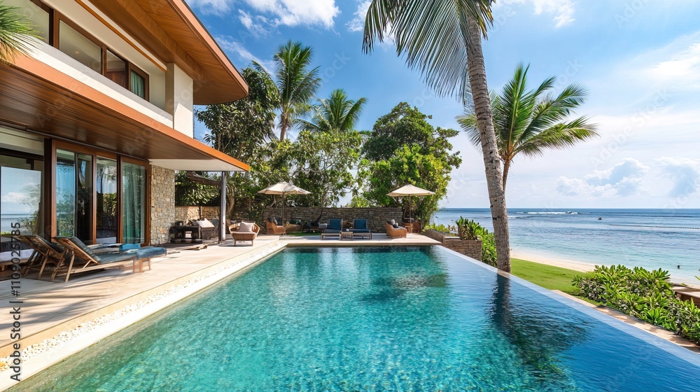 Fototapeta premium Beautiful luxury modern beach home with backyard swimming pool 