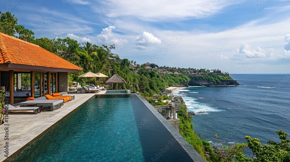 Fototapeta premium Luxurious villa overlooking picturesque bay with infinity pool and private beach 