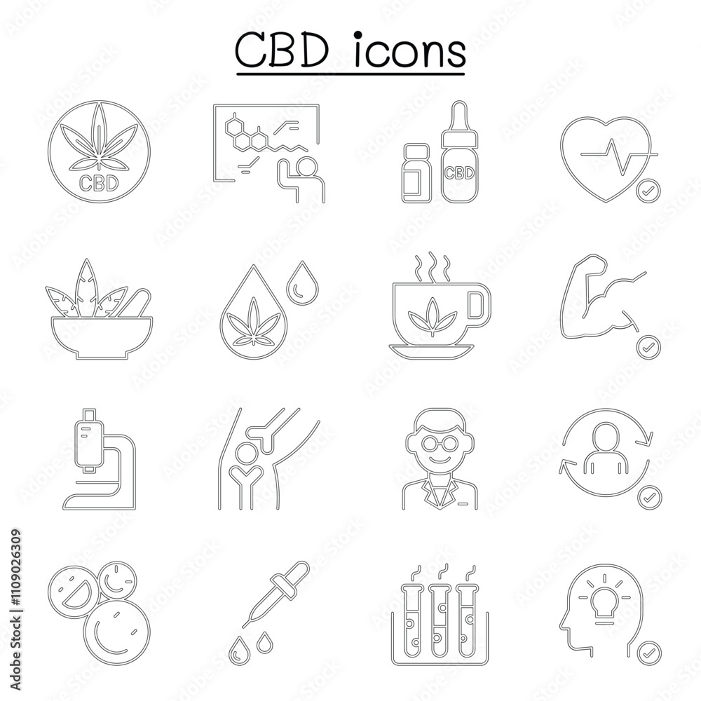 Fototapeta premium CBD, Cannabis, marijuana icon set in thin line style