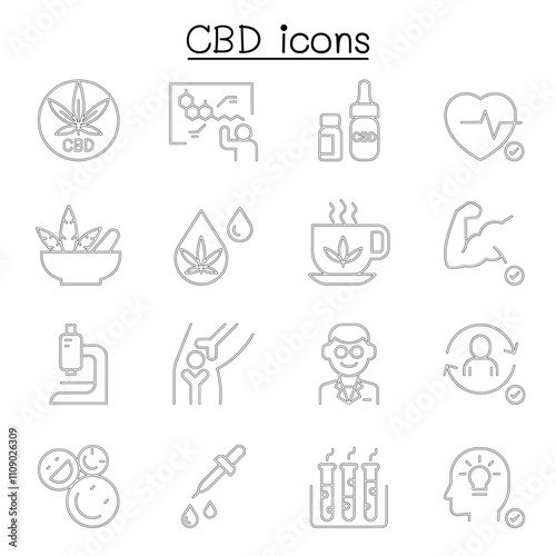 CBD, Cannabis, marijuana icon set in thin line style