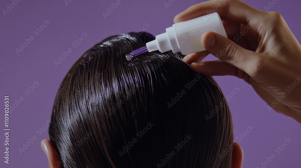 Fototapeta premium Applying a hair treatment serum to shiny hair against a vibrant purple background, highlighting self-care and beauty routines