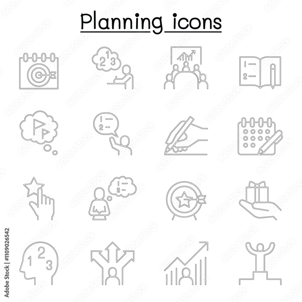 Fototapeta premium Planning, strategy, schedule icon set in thin line style