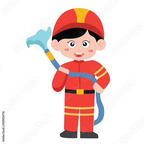 Happy firefighter holding water hose, suitable for fire safety, emergency response, heroism concepts for websites, posters, brochures, and social media