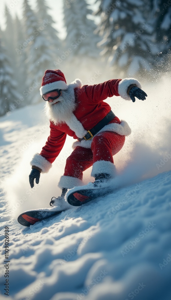 In a whimsical twist on tradition, Santa Claus is captured mid-action, gracefully snowboarding down a pristine, snow-covered slope surrounded by towering evergreen trees. His vibrant red suit In a whimsical twist on tradition, Santa Claus is captured mid-action, gracefully snowboarding down a pristine, snow-covered slope surrounded by towering evergreen trees. His vibrant red suit
